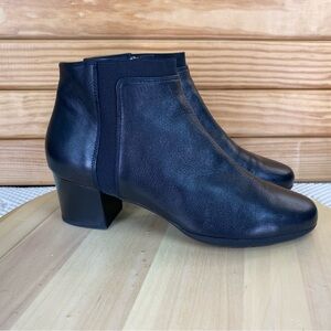 Geox Respira Women's Black Leather Block Heel Ankle Boots Bootie 40 EUR Side Zip